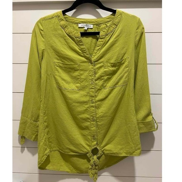 Emily Daniels Tops - Emily Daniels Chartreuse Green Linen Blend Tie Front Button Top Sz. M Roll Tab